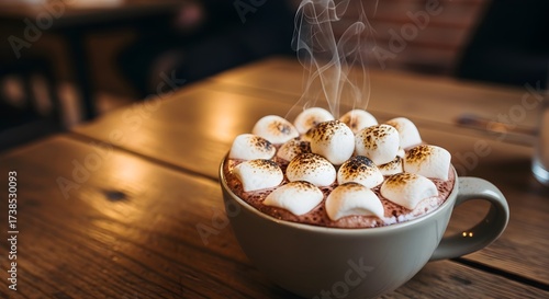 A steaming mug of rich hot chocolate topped with perfectly toasted marshmallows, served in a cozy café setting, embodying warmth, comfort, and the ultimate winter indulgence.

