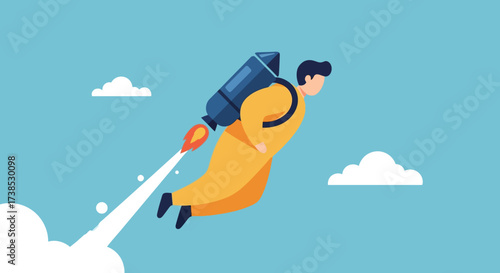 Dynamic vector illustration of a person flying with a jetpack, embodying rapid business growth, startup acceleration, career advancement, and the ambitious pursuit of success and innovation