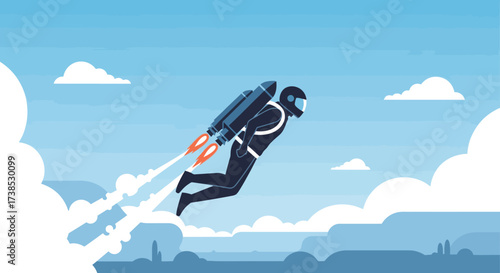 Illustration of a person using a jetpack to fly through the sky, representing rapid progress, innovation, and the pursuit of ambitious goals