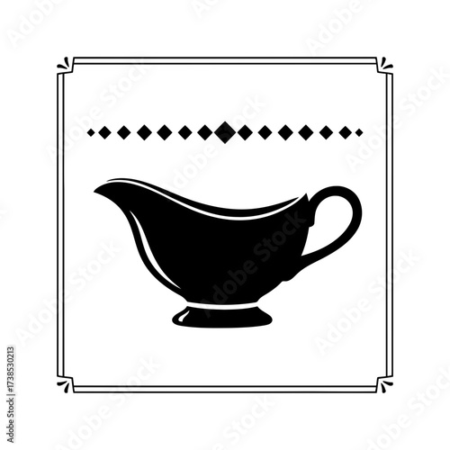 Vector art of a gravy boat with a decorative border and a dotted line