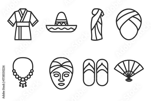 Cultural Clothing Icons. Outline icon set of cultural clothing and accessories: kimono, sombrero, sari, turban, necklace, mask, sandals, fan. Line icons in