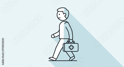 Professional health worker carrying a first aid kit, walking with purpose, symbolizing medical assistance and prompt care delivery in a clean, modern line art style