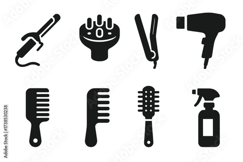 Hair Styling Tools. Solid, filled icon set of ringlet styling tools: curling iron, diffuser, flat iron, blow dryer, hair pick, comb, brush, heat protectant