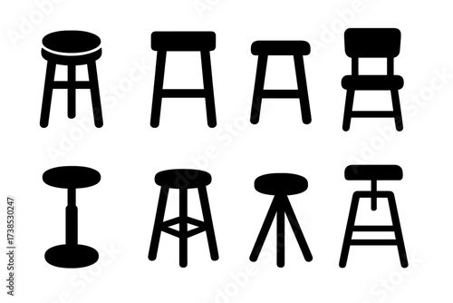 Stool Icon Collection. Solid, filled icon set of stool shapes and designs: round stool, square stool, backless stool, with backrest, pedestal stool,