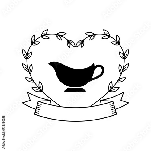 Vector art of black silhouette of a gravy boat within a heartshaped wreath of leaves, with a blank ribbon banner below