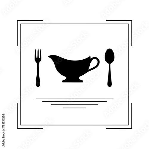 Vector art of black silhouette of a gravy boat with a fork and spoon