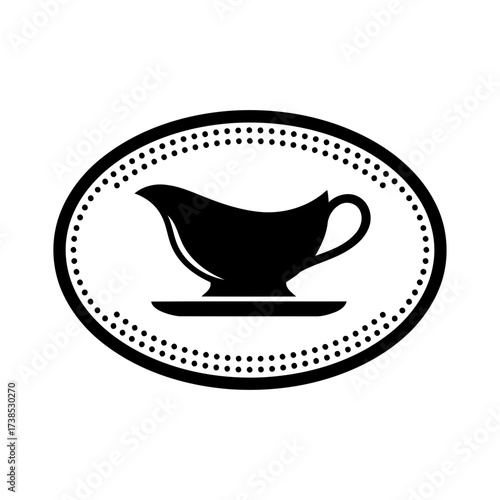 Vector art of black silhouette of a gravy boat on a small plate, inside an oval frame with a dotted border