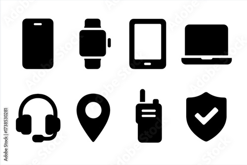Escort Tech Icons. Solid, filled icon set of escort technology: smartphone, smartwatch, tablet, laptop, headset, GPS tracker, walkie-talkie, security app.