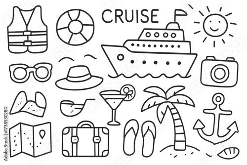 Cruise Vacation Icons. Hand-drawn doodle illustration Cruise vacation party cruise ship, life jacket, sunglasses, sun hat, cocktail glass, camera, beach ball,