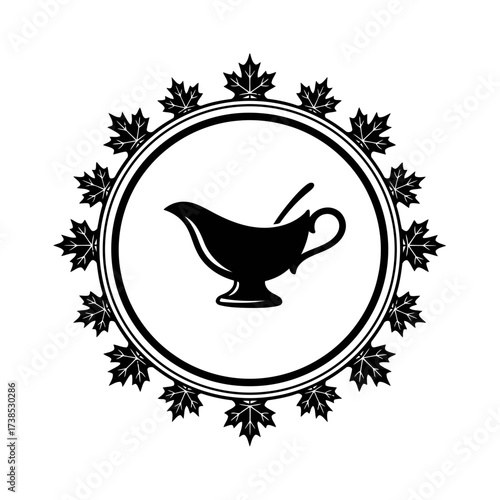 Vector art of black silhouette of a gravy boat with a spoon inside a circular frame of maple leaves