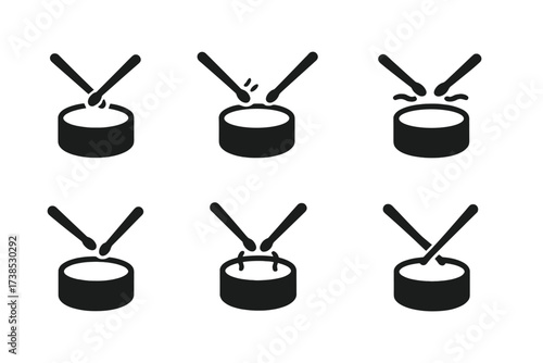 Military Drum Icons. Solid, filled icon set of military drum playing techniques: drum roll, flams, rim shots, buzz roll, drag, paradiddle, flam taps, double