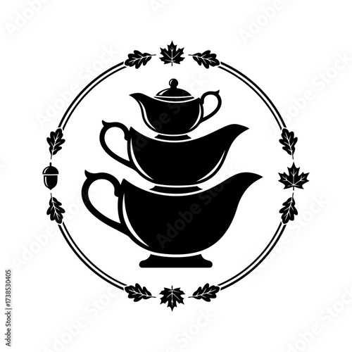 Vector art of stack of three gravy boats in silhouette, surrounded by a circular frame of autumn leaves and acorns