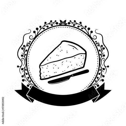 Vector art of black and white illustration of a slice of cheese on a plate with a knife, framed by a decorative border and a banner below