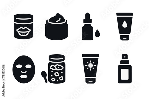 Salve Icon Grid. Solid, filled icon set of salve related items: lip scrub, body butter, essential oil, hand cream, facial mask, bath salts, sunscreen, facial