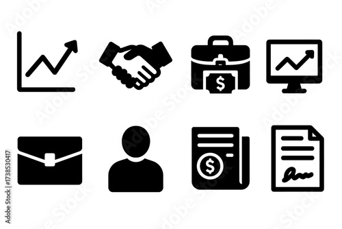 Investment Icon Set. Solid, filled icon set of investment meeting: stock chart, handshake, briefcase with money, computer screen with graph, portfolio,