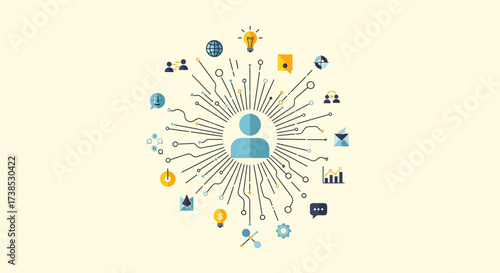Conceptual illustration of a central figure connected to various ideas and elements, representing networking and innovation