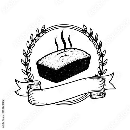 Vector art of handdrawn black and white emblem of a steaming loaf of bread under a laurel wreath and banner