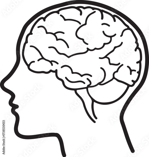 Vector brain icon bw. Black and white digital icon: head with brain.
