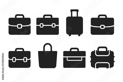 Business Briefcase Icons. Solid, filled icon set of business briefcases: attache case, hard shell briefcase, rolling briefcase, slim briefcase, vintage leather