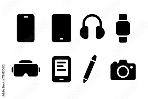 Curiosity Gadget Icons. Solid, filled icon set of curiosity gadgets: smartphone, tablet, headphones, smartwatch, VR glasses, e-reader, digital pen, camera.
