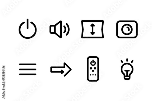 Projector Control Icons. Outline icon set of projector controls: power button, volume control, keystone correction, focus adjustment, menu button, source