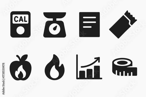 Calorie Measurement Icons. Solid, filled icon set of calories measurement: calorie counter, food scale, nutrition label, energy bar, apple with calories,