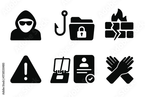 Cyber Scam Icons. Solid, filled icon set of cyber scams: hacker face, phishing hook, stolen data, broken firewall, alert sign, trap mouse, fake login, crossed