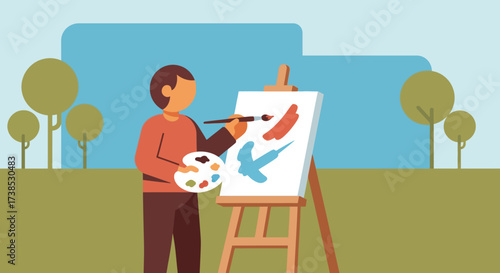 Illustrative Scene A Painter Outdoors Capturing Nature on Canvas with Vibrant Brushstrokes