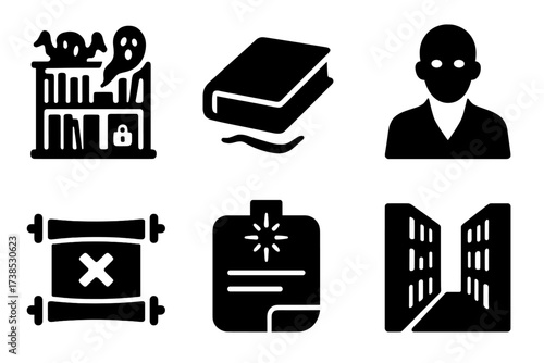 Cursed Library Icons. Solid, filled icon set of cursed libraries: haunted bookshelf, floating book, locked archive, shadow librarian, silent scroll, glowing