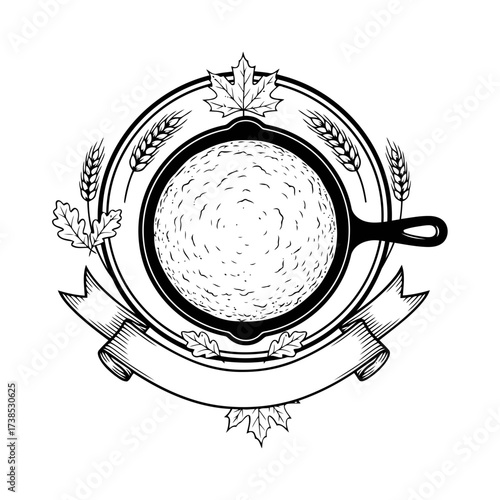 Vector art of vintage handdrawn illustration of a cast iron skillet filled with food, surrounded by wheat and oak leaves, with a banner below