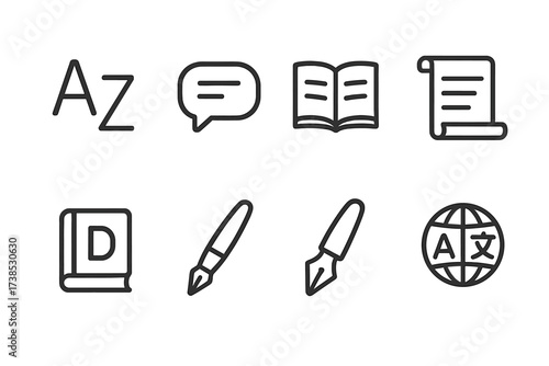 Language and Tradition Icons. Outline icon set of languages and writing: alphabet letters, speech bubble, book, scroll, dictionary, pen, calligraphy,