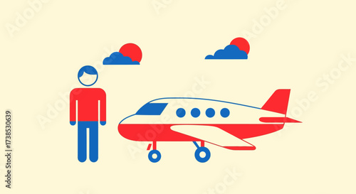 A minimalist vector illustration featuring a traveler standing beside an airplane beneath a cloudy sky, symbolizing modern air travel, future journeys, and the excitement of global exploration
