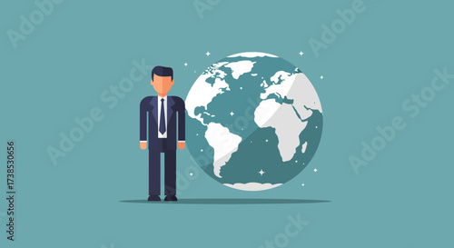 Global Business Leader Flat Vector Illustration of Businessman and Globe