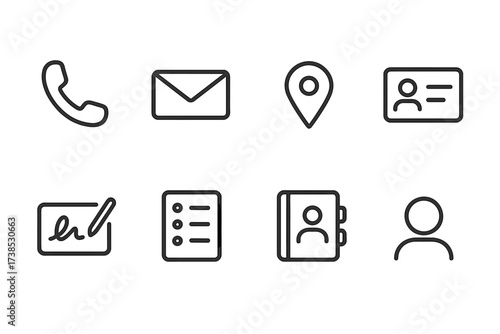 Sender Contact Icons. Outline icon set of sender contact info: phone icon, email envelope, address label, profile card, signature pad, mailing list, contact