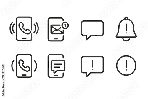 Communication Icon Set. Outline icon set of phone message alerts: ringing phone, SMS notification, chat bubble, alert bell, vibration waves, notification