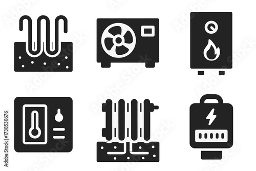 Geothermal Heating Icons. Solid, filled icon set of geothermal heating systems: ground loop, heat pump, insulated pipe, boiler, thermostat, radiator,