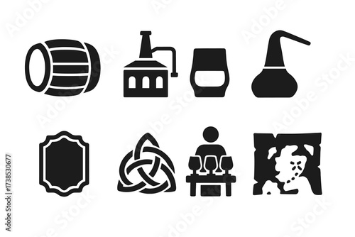 Whiskey Icons Collection. Solid, filled icon set of whiskey history and culture: whiskey barrel, distillery, whiskey glass, traditional still, vintage label,