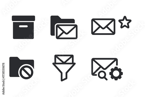 Mail Management Icons. Solid, filled icon set of mail management: archive box, mail folder, delete mail, mark important, spam folder, mail filter, mail search,