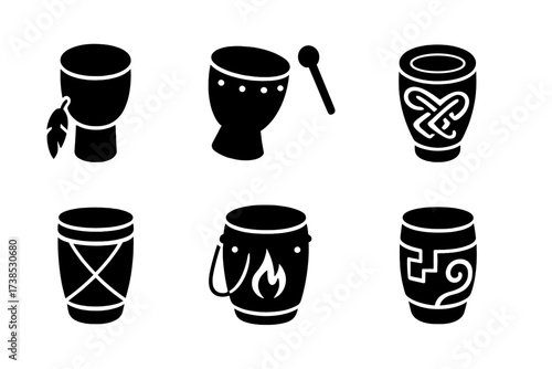 Cultural War Drums Icons. Solid, filled icon set of war drum cultural tribes: Native American, African, Japanese, Celtic, Viking, Mongol, Aztec, Maori. Solid,