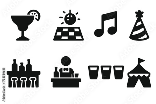 Tequila Party Icons. Solid, filled icon set of tequila party and events: party glass, dance floor, music note, celebration hat, bar counter, bartender, shot