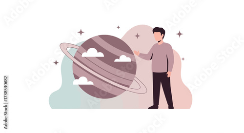 A man gazes at a stylized Saturn with its rings, surrounded by soft clouds and stars, evoking a sense of wonder and cosmic exploration