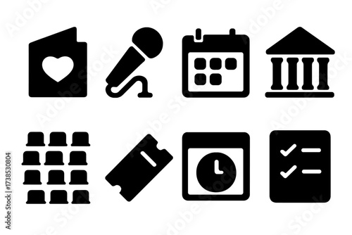 Event Planning Icons. Solid, filled icon set of event planning: invitation card, microphone, calendar, venue, seating chart, ticket, schedule, checklist. [Line