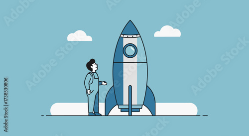 Illustration of a person standing next to a rocket, symbolizing the start of a new project or venture