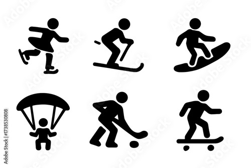Glide Sports Icons. Solid, filled icon set of glide sports: figure skating, skiing, snowboarding, surfing, gliding, hang gliding, ice hockey, skateboarding.