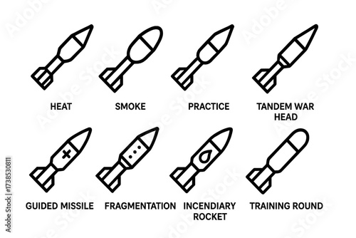 Bazooka Ammunition Icons. Outline icon set of bazooka ammunition types: HEAT rocket, smoke rocket, practice rocket, tandem warhead, guided missile,