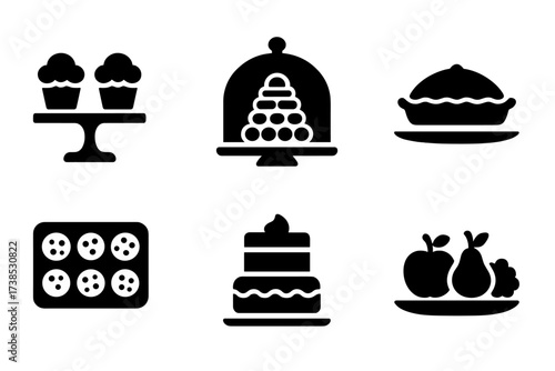 Dessert Display Icons. Solid, filled icon set of dessert display: cupcake stand, cake dome, macaron tower, pie plate, cookie tray, tart board, layered cake,
