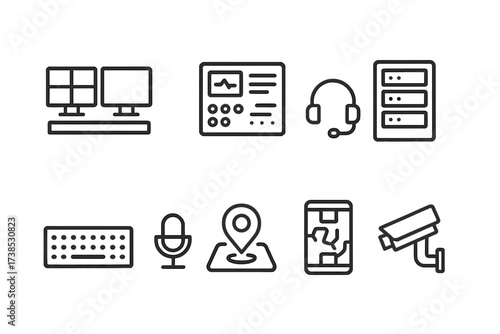 Control, Manufacturing, Tracking Icons. Outline icon set of control room equipment: monitors, control panel, communication headset, server rack, keyboard,