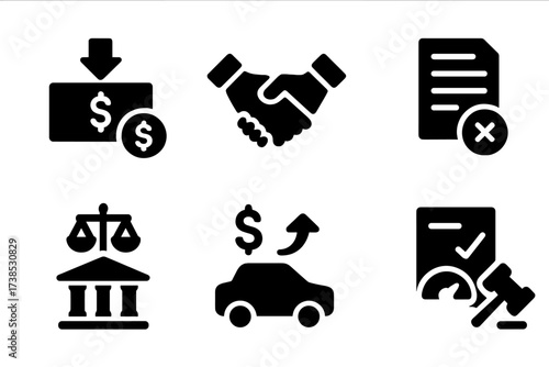 Financial Outcome Icons. Solid, filled icon set of collections outcomes: payment received, partial payment, settlement, write-off, court judgment,