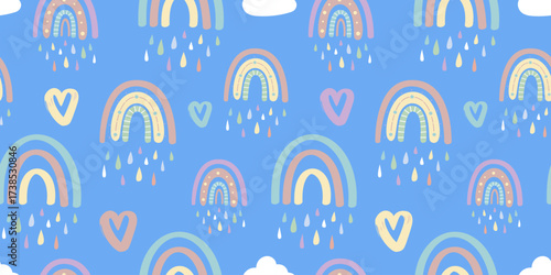 Cute rainbow and hearts seamless pattern. Romantic pattern for Valentines Day.Creative childrens illustration in a fashionable Scandinavian style. Vector illustration
