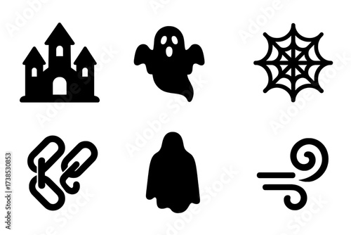Ghostly Icons Grid. Solid, filled icon set of ghost and hauntings: haunted house, ghost figure, chains, candle flame, spider web, shadowy figure, eerie eyes,